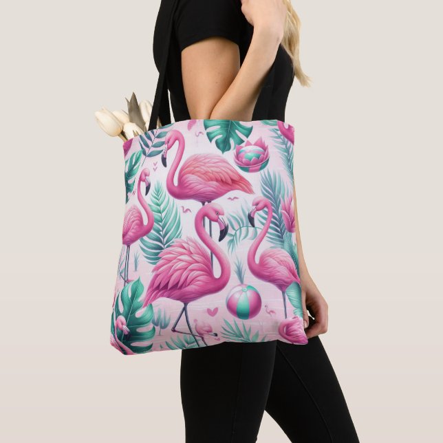Pink Flamingo Tropical Design Tote Bag (Close Up)