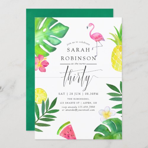 Pink Flamingo Tropical Exotic 30th Birthday Party Invitation