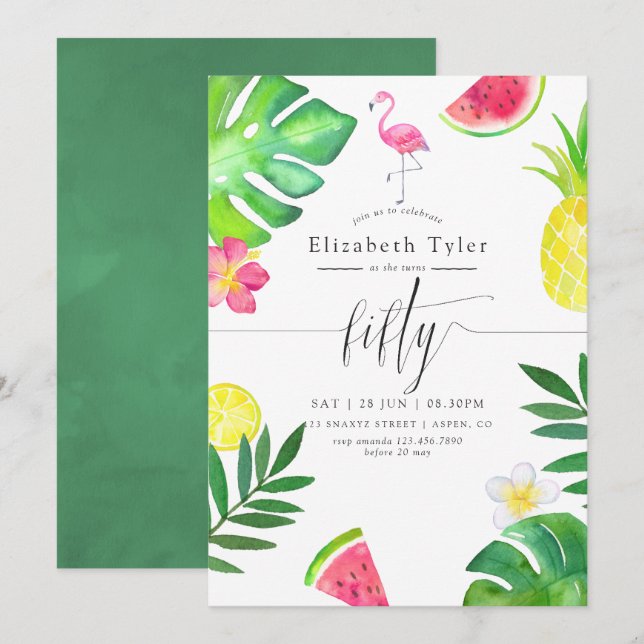 Pink Flamingo Tropical Exotic 50th Birthday Party Invitation (Front/Back)