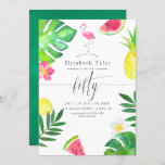 Pink Flamingo Tropical Exotic 50th Birthday Party Invitation<br><div class="desc">50th birthday party invitation with  handwriting typography featuring exotic tropical foliage and flowers,  fresh fruits and a flamingo.</div>
