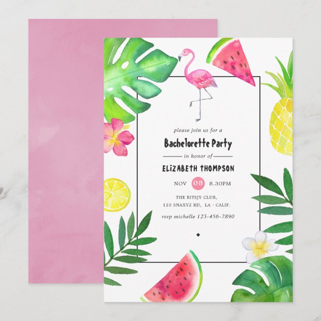 Pink Flamingo Tropical Exotic Bachelorette Party Invitation (Front/Back)