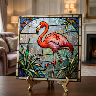 Pink Flamingo Tropical Faux Stained Glass Mosaic Ceramic Tile
