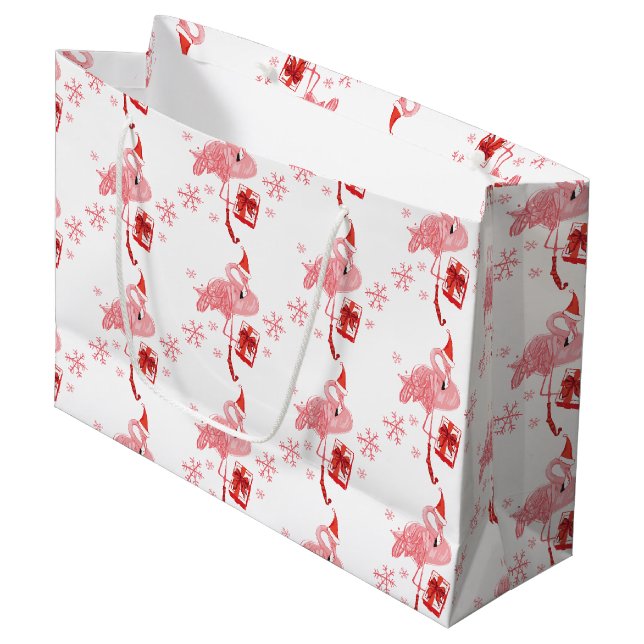 Pink Flamingo Tropical Festive Christmas Large Gift Bag (Front Angled)