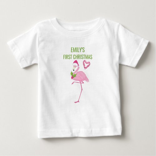 Pink Flamingo Tropical First Christmas Baby T_Shirt