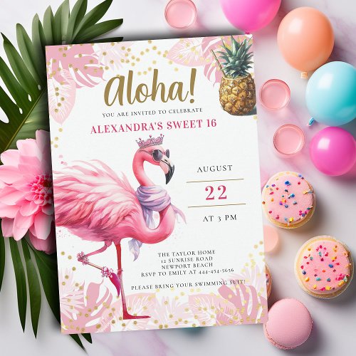 Pink Flamingo Tropical Floral Aloha Party Sweet 16 Invitation