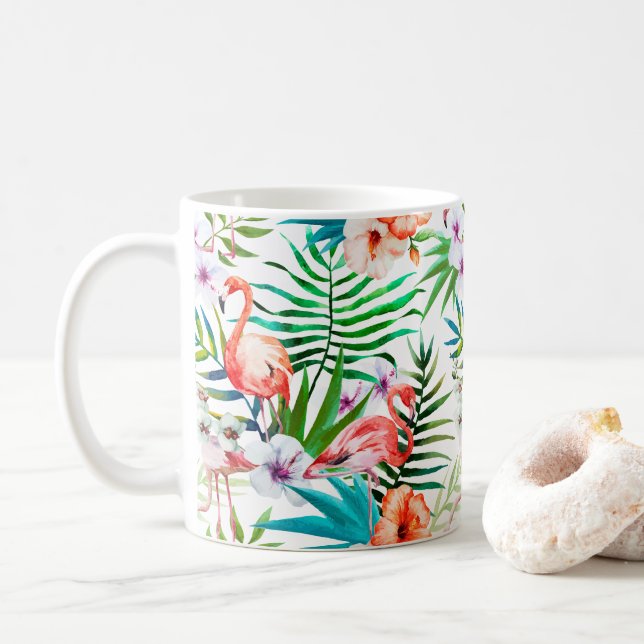 Pink Flamingo Tropical Floral Flowers Chic Coffee Mug (With Donut)