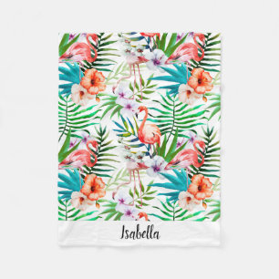 Pink Flamingo Tropical Floral Personalized Fleece Blanket