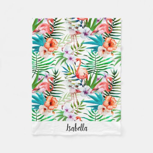 Pink Flamingo Tropical Floral Personalized Fleece Blanket