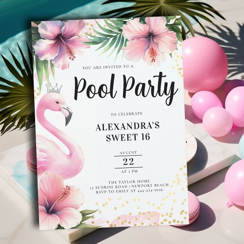 Pink Flamingo Tropical Floral Pool Party Sweet 16 Invitation