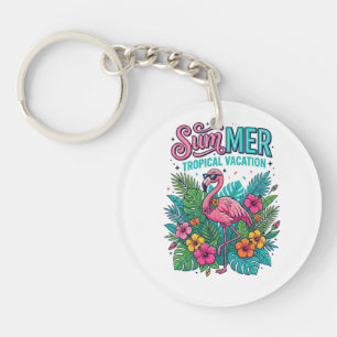 Pink Flamingo Tropical Floral - summer vacation Keychain
