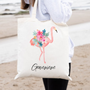 Pink Flamingo Tropical Florals Bridesmaid Tote Bag
