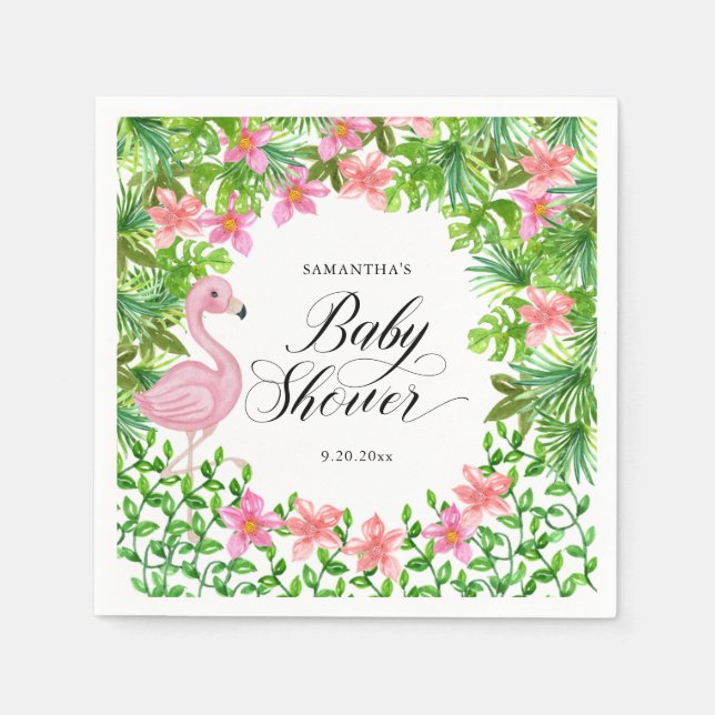 Pink Flamingo Tropical Flowers Baby Shower Napkins (Front)