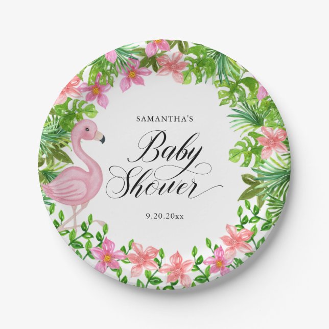 Pink Flamingo Tropical Flowers Baby Shower Paper Plates (Front)