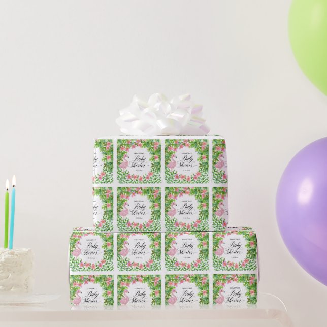 Pink Flamingo Tropical Flowers Baby Shower Wrapping Paper (Party Gifts)
