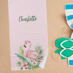 Pink flamingo tropical flowers beach towel