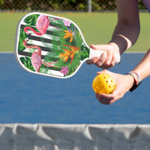 Pink Flamingo Tropical Flowers Black White Stripes Pickleball Paddle