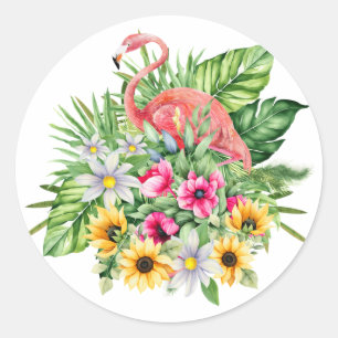 Pink Flamingo & Tropical Flowers Classic Round Sticker