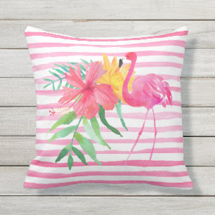 Pink Flamingo Tropical Flowers Outdoor Pillow