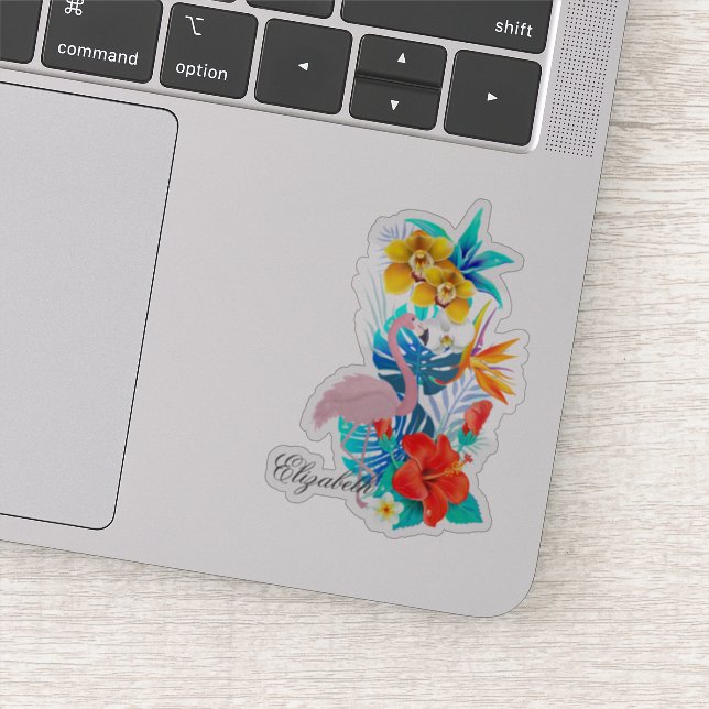 Pink Flamingo, Tropical Flowers - Personalized Sticker (Detail)