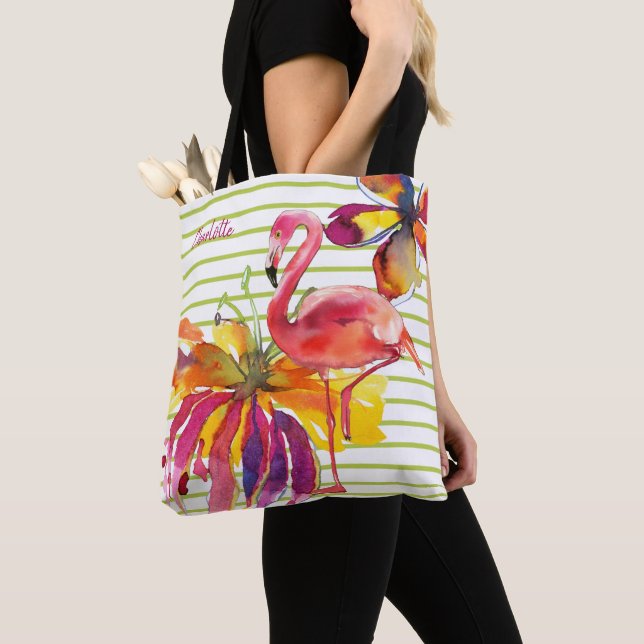 Pink Flamingo Tropical Flowers Personalized Tote Bag (Close Up)
