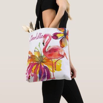 Pink Flamingo Tropical Flowers Personalized  Tote Bag by Ricaso_Graphics at Zazzle