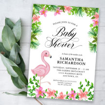 Pink Flamingo Tropical Flowers Script Baby Shower