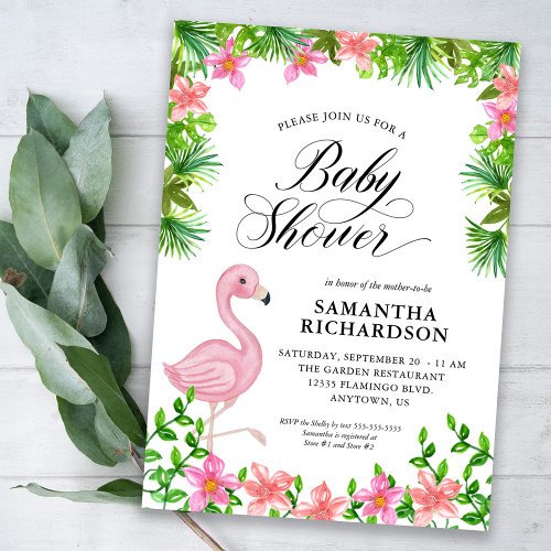 Pink Flamingo Tropical Flowers Script Baby Shower Invitation