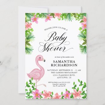 Pink Flamingo Tropical Flowers Script Baby Shower Invitation by daisylin712 at Zazzle