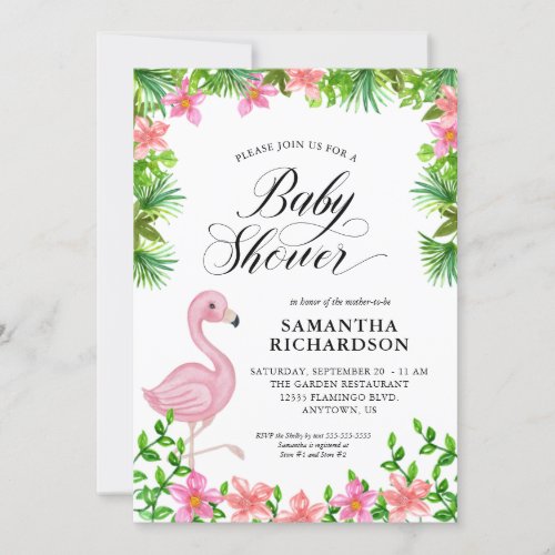 Pink Flamingo Tropical Flowers Script Baby Shower Invitation