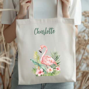 Pink flamingo tropical flowers tote bag