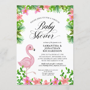 Pink Flamingo Tropical Flowers Virtual Baby Shower Invitation