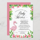 Pink Flamingo Tropical Flowers Virtual Baby Shower Invitation (Front/Back)