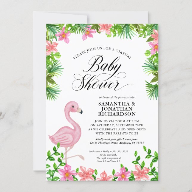 Pink Flamingo Tropical Flowers Virtual Baby Shower Invitation (Front)