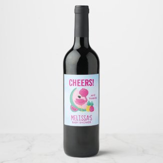 Pink Flamingo & Tropical Fruit Party Thanks Wine Label