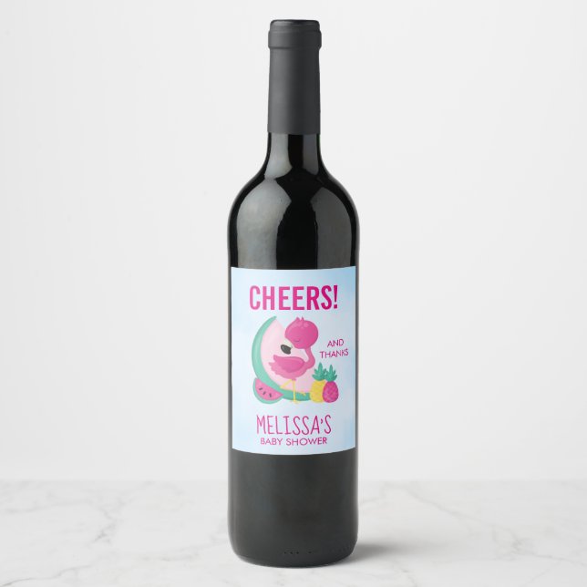 Pink Flamingo & Tropical Fruit Party Thanks Wine Label (Front)