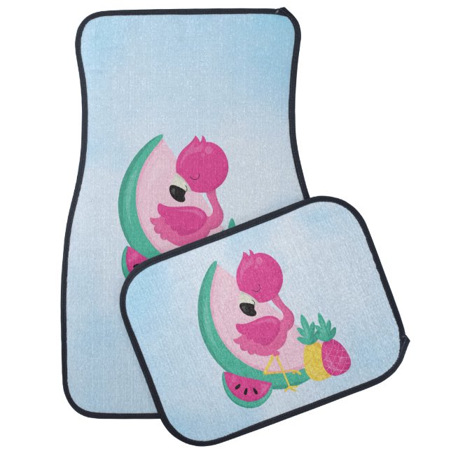 Pink Flamingo & Tropical Fruit w/ Monogram Car Floor Mat (Set)