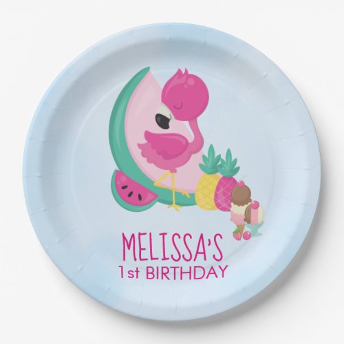 Pink Flamingo Tropical Fruits  ice Cream Party Paper Plates