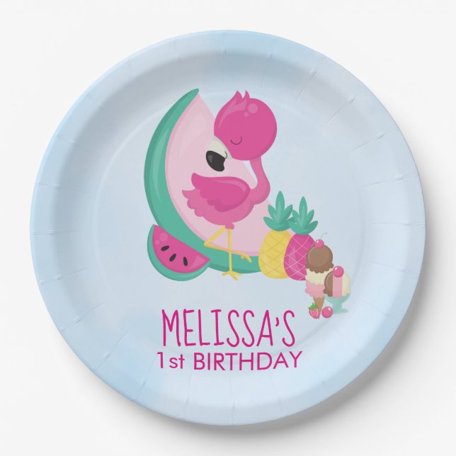 Pink Flamingo, Tropical Fruits & ice Cream Party Paper Plates (Front)