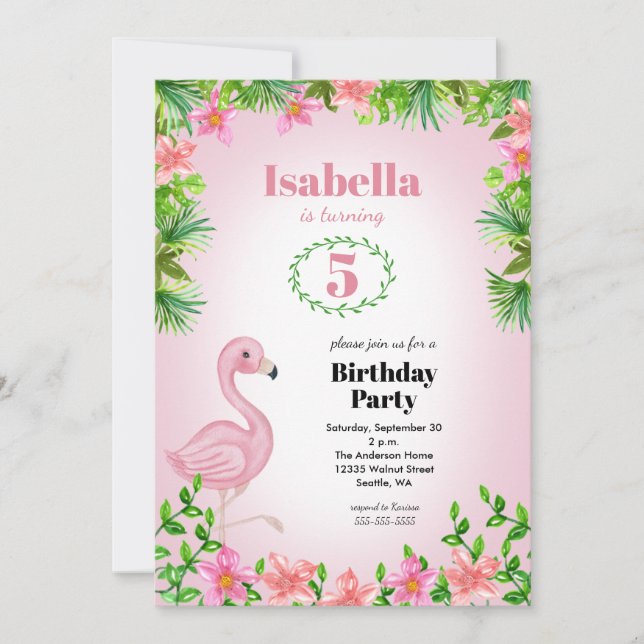 Pink Flamingo Tropical Girls Birthday Invitation (Front)