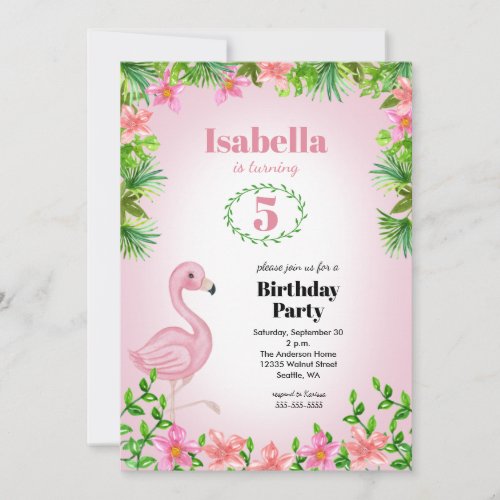 Pink Flamingo Tropical Girls Birthday Invitation