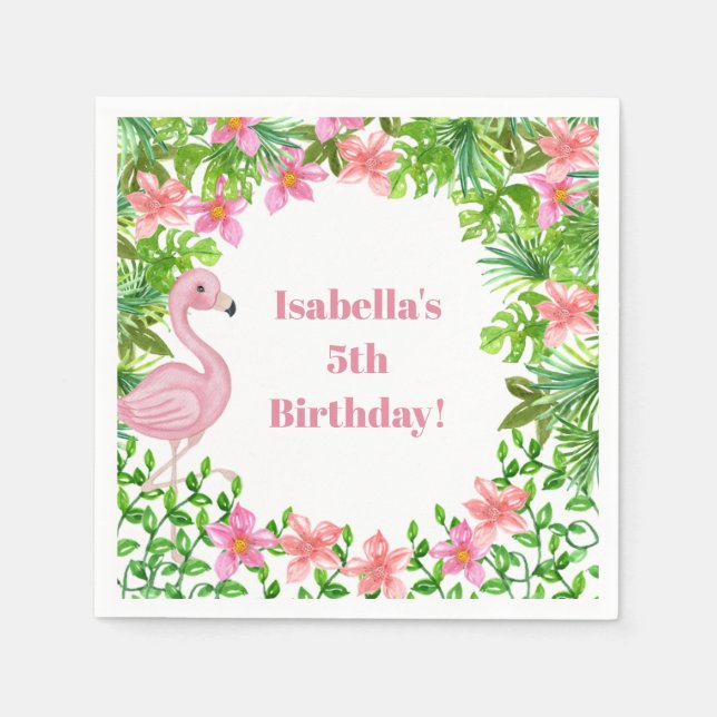 Pink Flamingo Tropical Girls Birthday Party Napkins (Front)