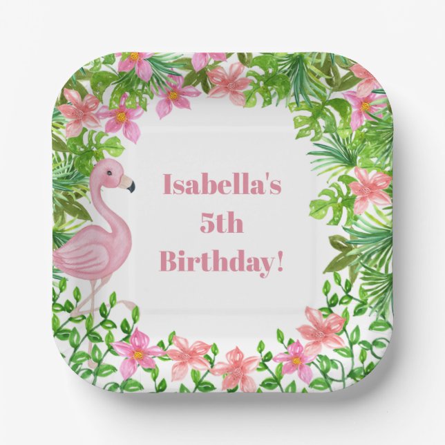 Pink Flamingo Tropical Girls Birthday Party Paper Plates (Front)