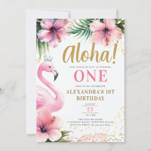 Pink Flamingo Tropical Gold Aloha 1st Birthday Invitation