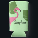 Pink Flamingo Tropical Green Bachelorette Seltzer Can Cooler<br><div class="desc">Surprise the girls at the bachelorette party with can cooler flamingo designs. This can cooler features my pink flamingo tropical illustration with green monstera leaves which you can customize for each person. A field for their name on one side and the bride-to-be's name and greeting, with date on the other....</div>