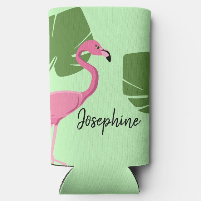 Pink Flamingo Tropical Green Bachelorette Seltzer Can Cooler (Back)