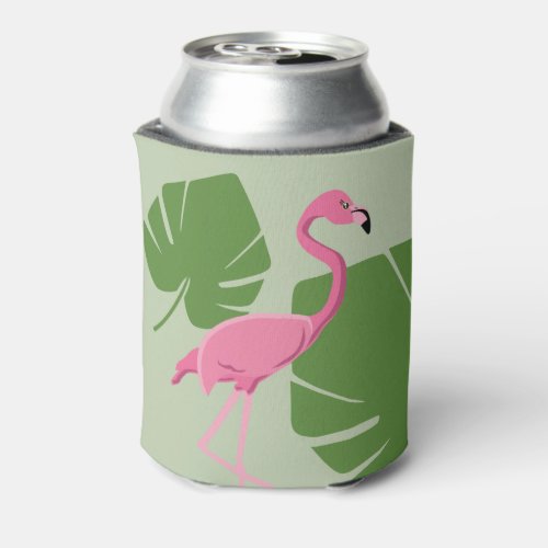 Pink flamingo Tropical Green leaves Can Cooler