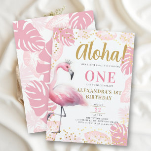 Pink Flamingo Tropical Hawaii Aloha 1st Birthday Invitation