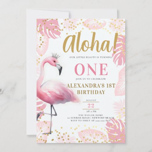 Pink Flamingo Tropical Hawaii Aloha 1st Birthday Invitation