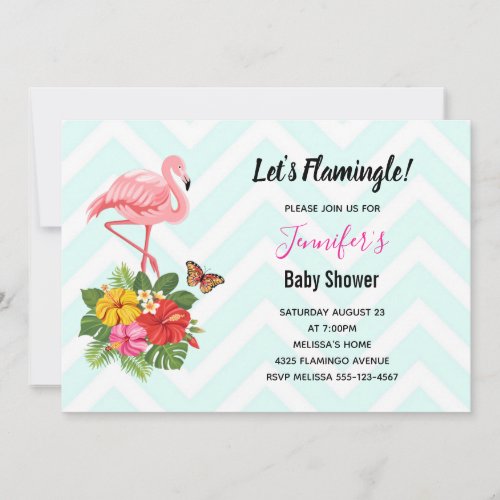 Pink Flamingo  Tropical Hibiscus Baby Shower Invitation
