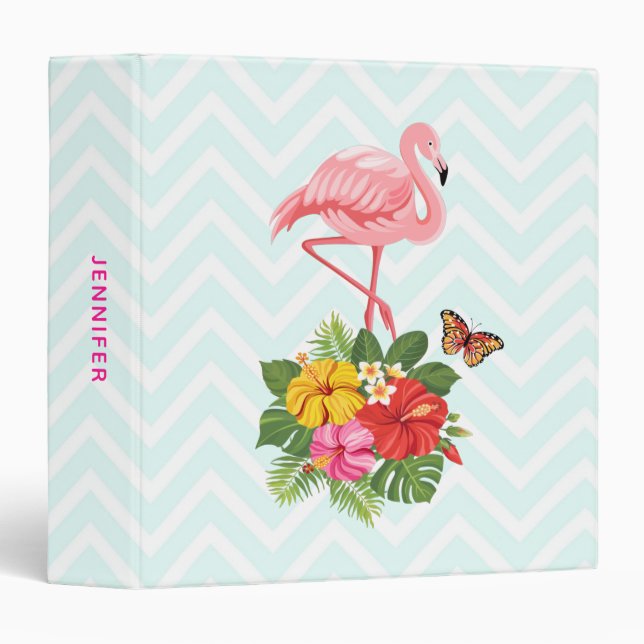 Pink Flamingo & Tropical Hibiscus Fancy 3 Ring Binder (Front/Spine)